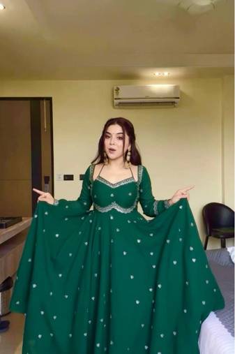 Green fox georgette anarkali with rembo sequence embroidery work, fully stitched gown style with bottom and dupatta