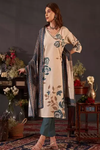 Teal women floral printed thread work pure cotton straight kurta with trousers dupatta