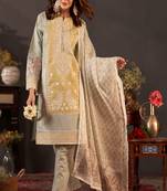 Light grey ethnic motifs embroidered cotton kurta with trousers & dupatta