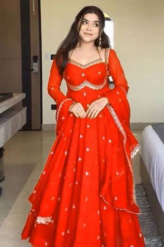 Orange fox georgette anarkali with rembo sequence embroidery work, fully stitched gown style with bottom and dupatta