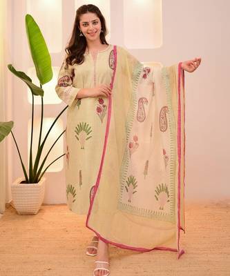 Floral printed green round neck  cotton kurta set with trouser & dupatta 1