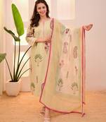 Floral printed green round neck pure cotton kurta set with trouser & dupatta