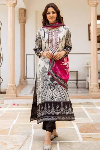 Cream viscose masline straight kurti with trouser & dupatta set for women