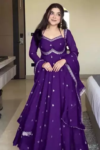 Purple fox georgette anarkali with rembo sequence embroidery work, fully stitched gown style with bottom and dupatta