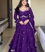 purple embroidered faux georgette gown dupatta