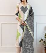 Cream women printed regular beads and stones kurta with trousers & with dupatta