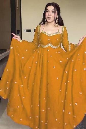 Yellow fox georgette anarkali with rembo sequence embroidery work, fully stitched gown style with bottom and dupatta
