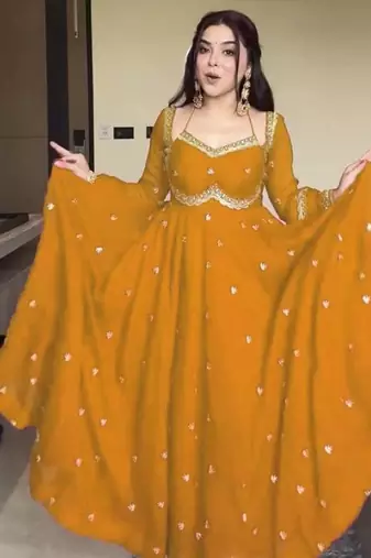 Yellow fox georgette anarkali with rembo sequence embroidery work, fully stitched gown style with bottom and dupatta