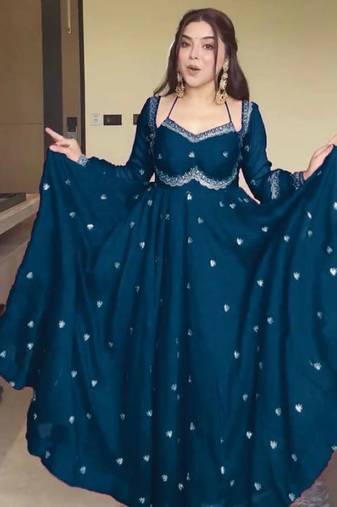 Sea green fox georgette anarkali with rembo sequence embroidery work, fully stitched gown style with bottom and dupatta