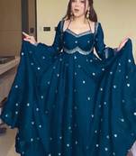 sea green embroidered faux georgette gown dupatta