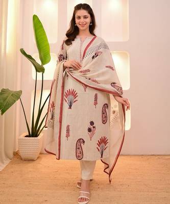 Floral printed off-white round neck  cotton kurta set with trouser & dupatta 1