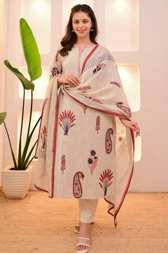 Floral printed off-white round neck pure cotton kurta set with trouser & dupatta