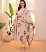 Floral printed off-white round neck pure cotton kurta set with trouser & dupatta
