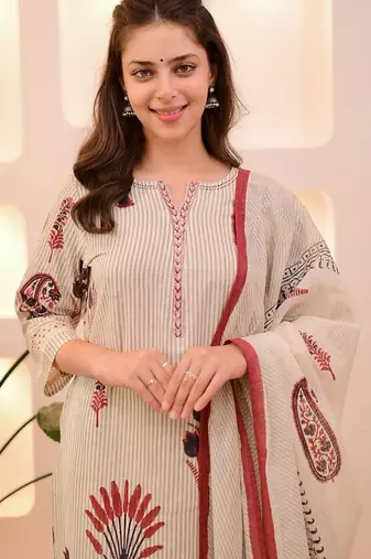 Floral printed off-white round neck  cotton kurta set with trouser & dupatta