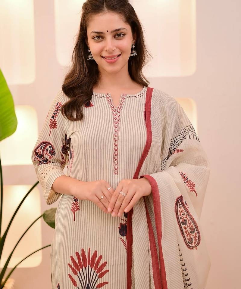 Floral printed off-white round neck pure cotton kurta set with trouser & dupatta