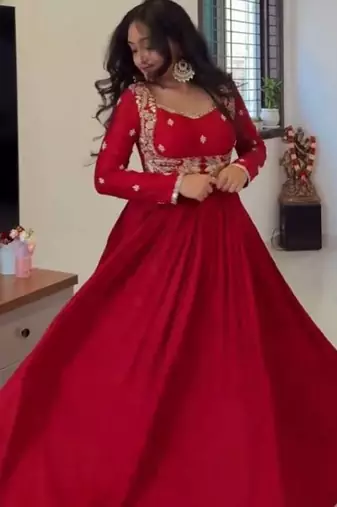 Red fox georgette anarkali with rembo sequence embroidery work, fully stitched gown style with bottom and dupatta