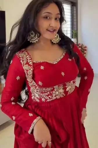 red embroidered faux georgette gown dupatta