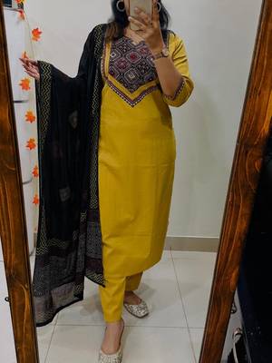 Floral printed yellow round neck  cotton kurta set with trouser & dupatta 1