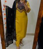 Floral printed yellow round neck pure cotton kurta set with trouser & dupatta