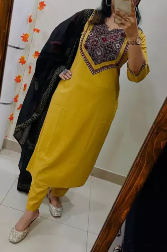 Floral printed yellow round neck  cotton kurta set with trouser & dupatta