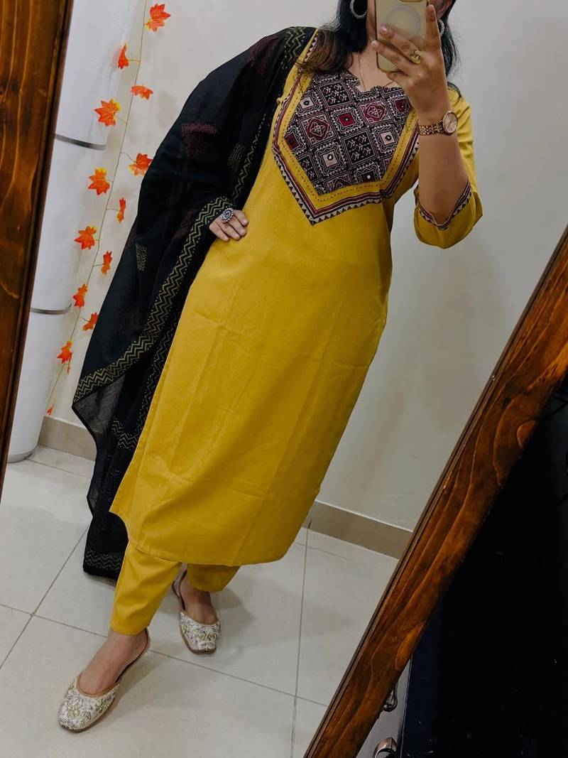 Floral printed yellow round neck pure cotton kurta set with trouser & dupatta