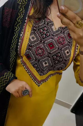 Floral printed yellow round neck  cotton kurta set with trouser & dupatta