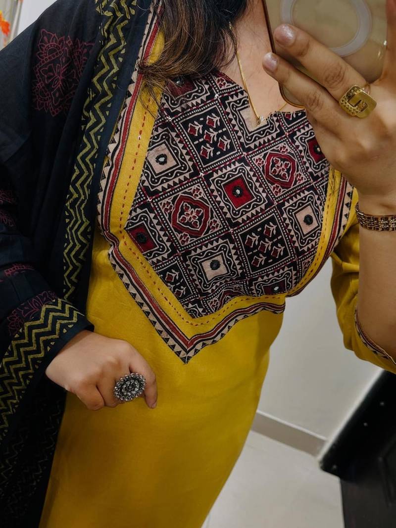 Floral printed yellow round neck pure cotton kurta set with trouser & dupatta