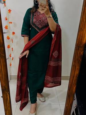 Floral printed green round neck  cotton kurta set with trouser & dupatta 1