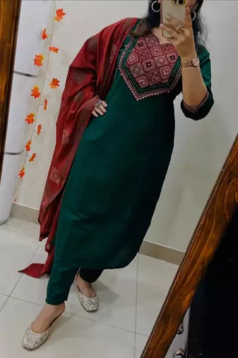 Floral printed green round neck  cotton kurta set with trouser & dupatta