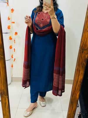 Floral printed blue round neck  cotton kurta set with trouser & dupatta 1
