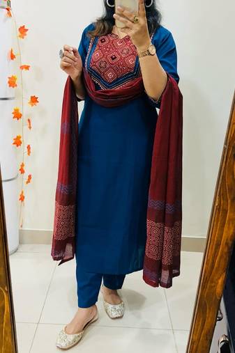 Floral printed blue round neck pure cotton kurta set with trouser & dupatta