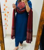 Floral printed blue round neck pure cotton kurta set with trouser & dupatta