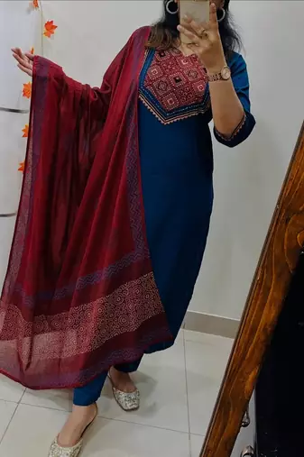 Floral printed blue round neck  cotton kurta set with trouser & dupatta