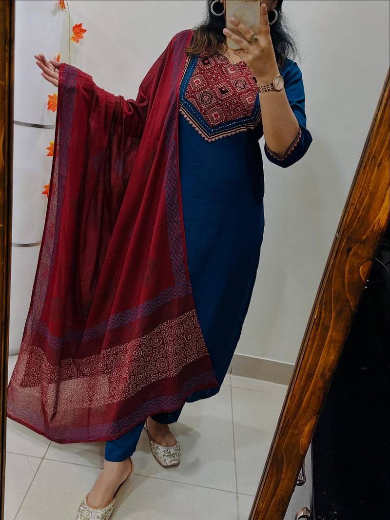 Floral printed blue round neck pure cotton kurta set with trouser & dupatta