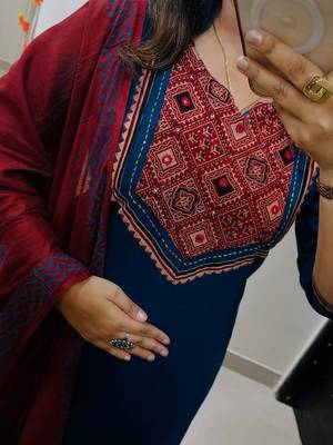Floral printed blue round neck  cotton kurta set with trouser & dupatta 3