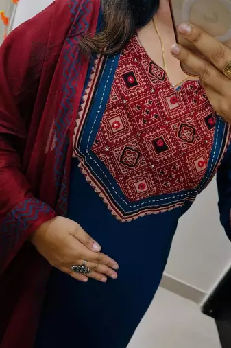 Floral printed blue round neck  cotton kurta set with trouser & dupatta