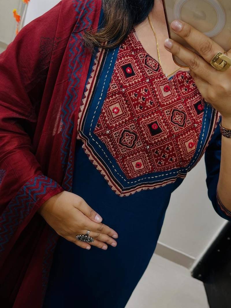 Floral printed blue round neck pure cotton kurta set with trouser & dupatta