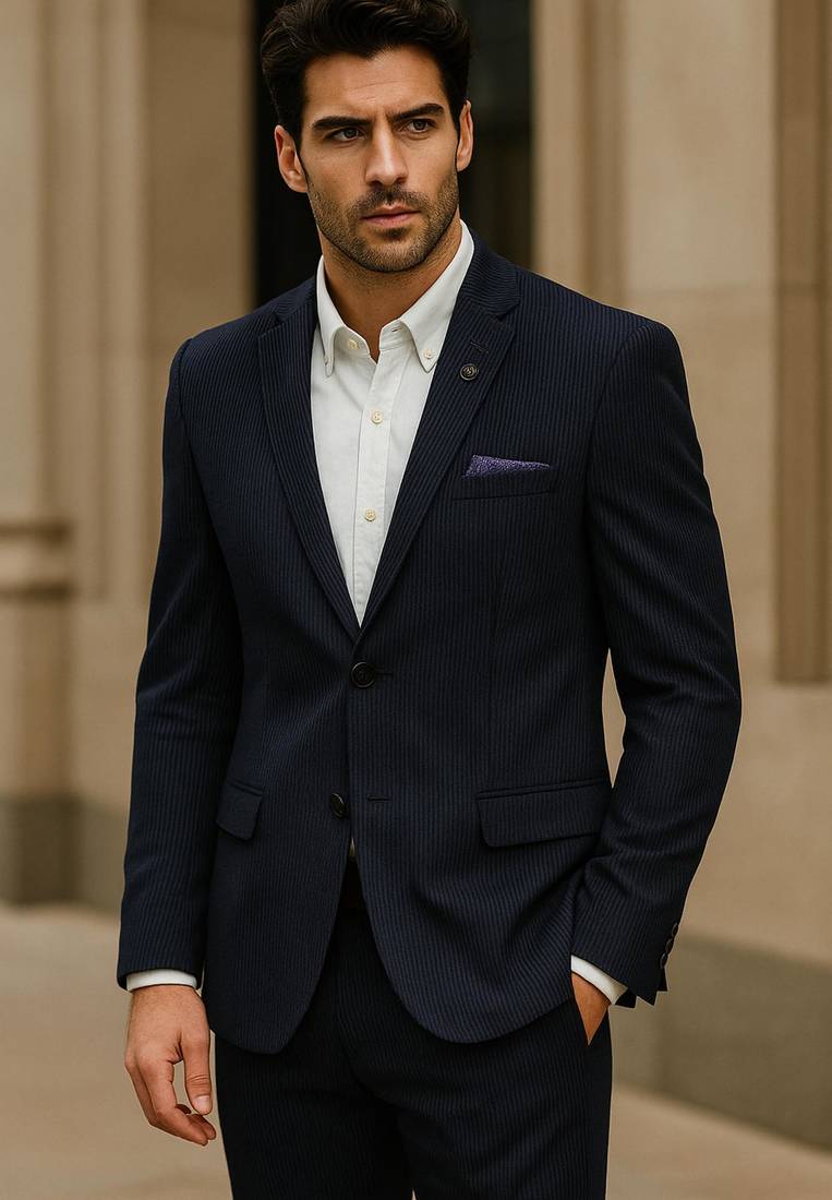 Navy blue tailored corduroy notch lapel blazer