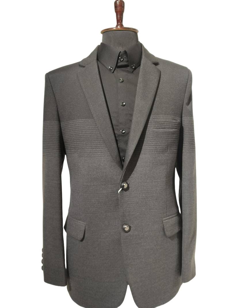 Charcoal structured blazer with horizontal weave detail – premium casual category