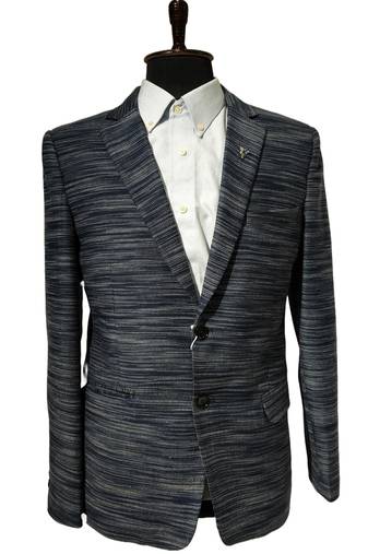 Navy blue textured melange knit notch lapel blazer