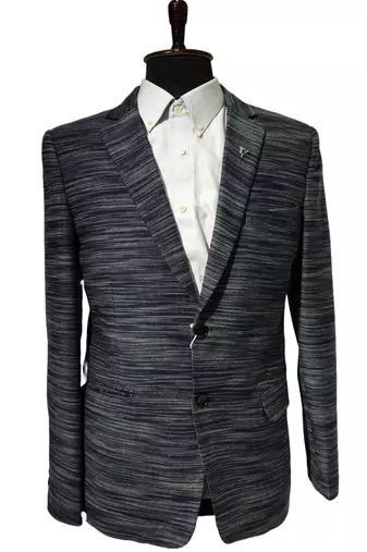 Navy blue textured melange knit notch lapel blazer