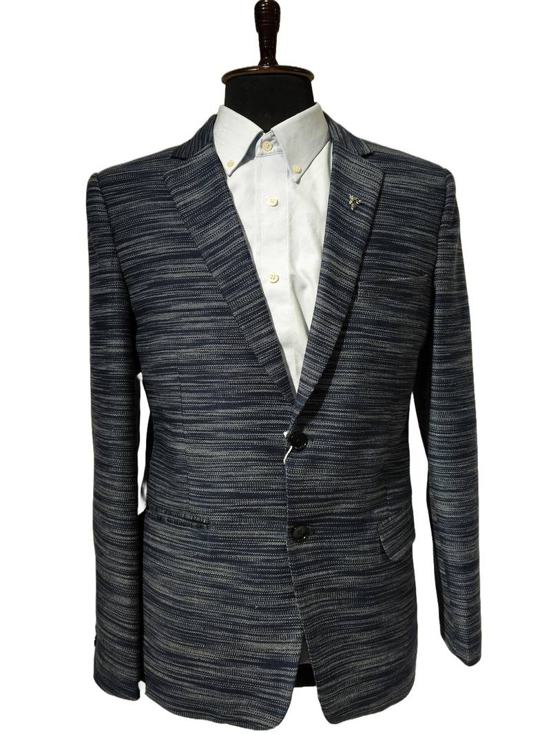 Navy blue textured melange knit notch lapel blazer