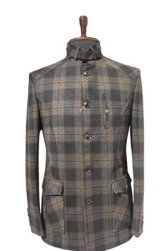 Charcoal brown checkered bandhgala blazer – wool blend fabric