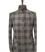 Charcoal brown checkered bandhgala blazer – wool blend fabric