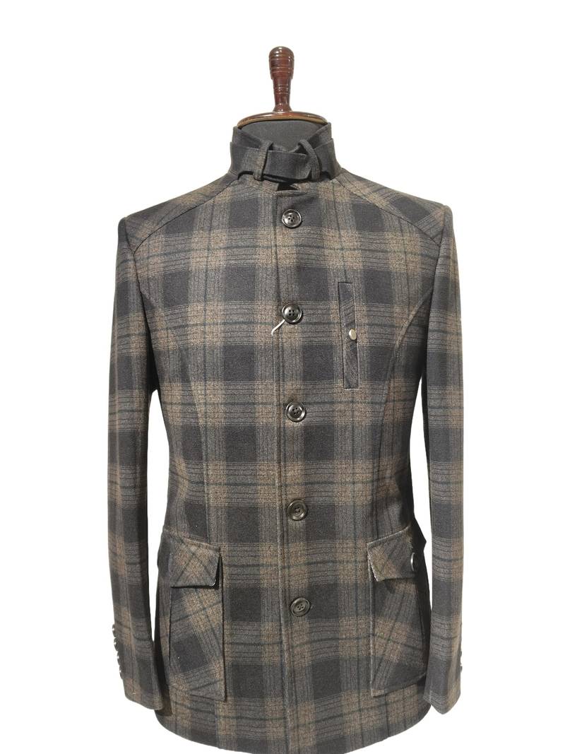 Charcoal brown checkered bandhgala blazer – wool blend fabric