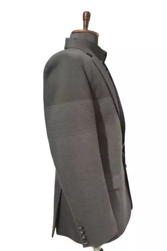 Charcoal structured blazer with horizontal weave detail     premium casual category