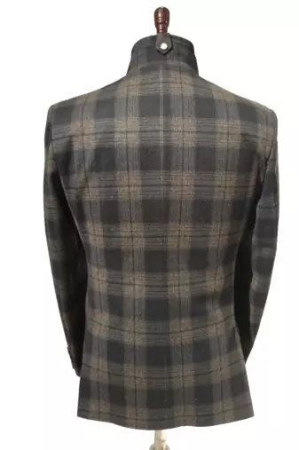 Charcoal brown checkered bandhgala blazer     wool blend fabric