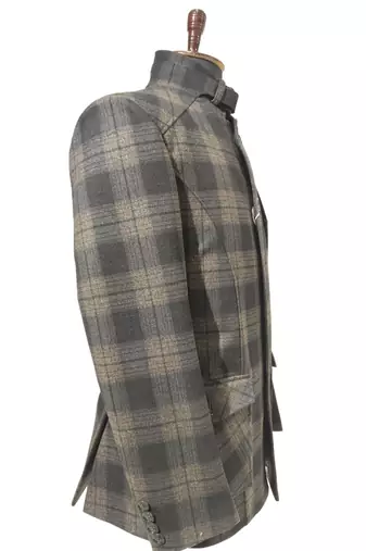 Charcoal brown checkered bandhgala blazer     wool blend fabric
