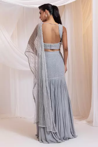 grey embroidered georgette lehenga set