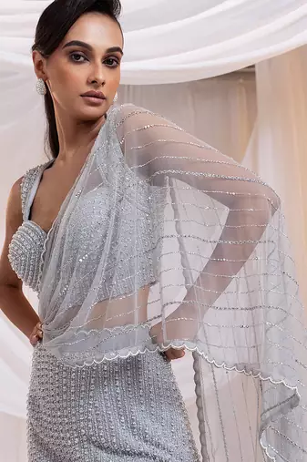 grey embroidered georgette lehenga set